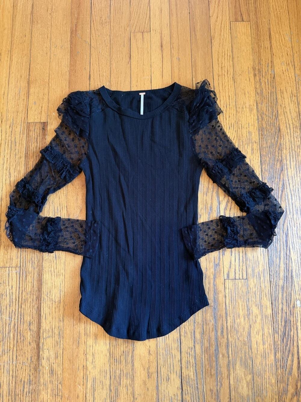 Free People Womens M Blk Sheer Mesh Lace Ruffle Sleeve Top